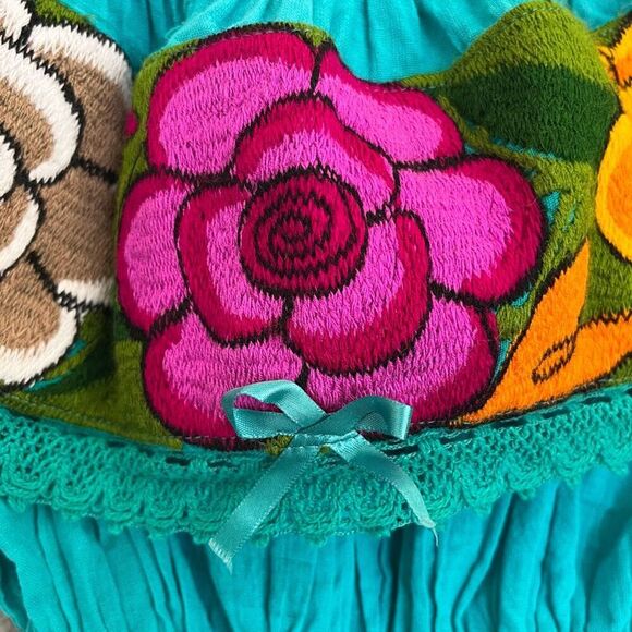 Boho Embroidered Gauze Off The Shoulder Top Peasant Turquoise Mexican Campesina - Picture 7 of 10